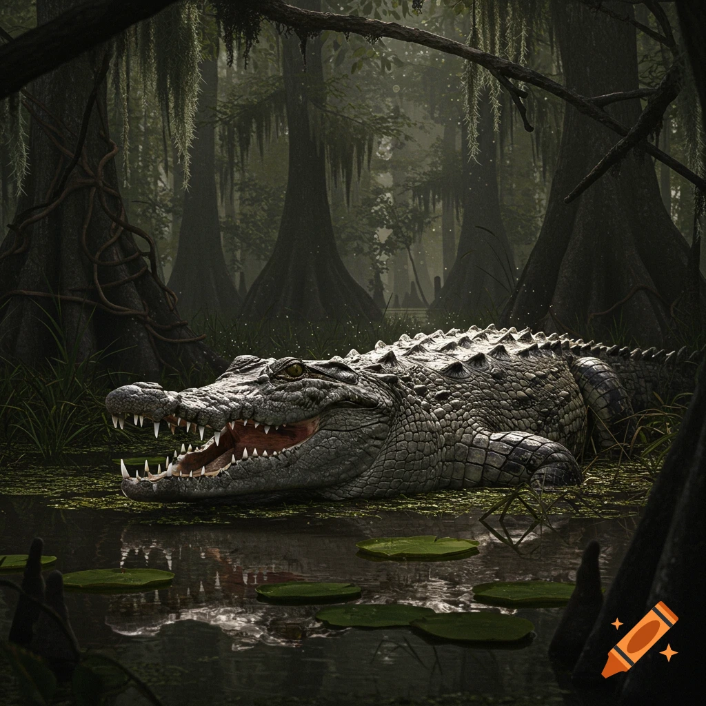 A large, detailed crocodile with its mouth open, resting in a murky swamp with lily pads and cypress trees in the background.