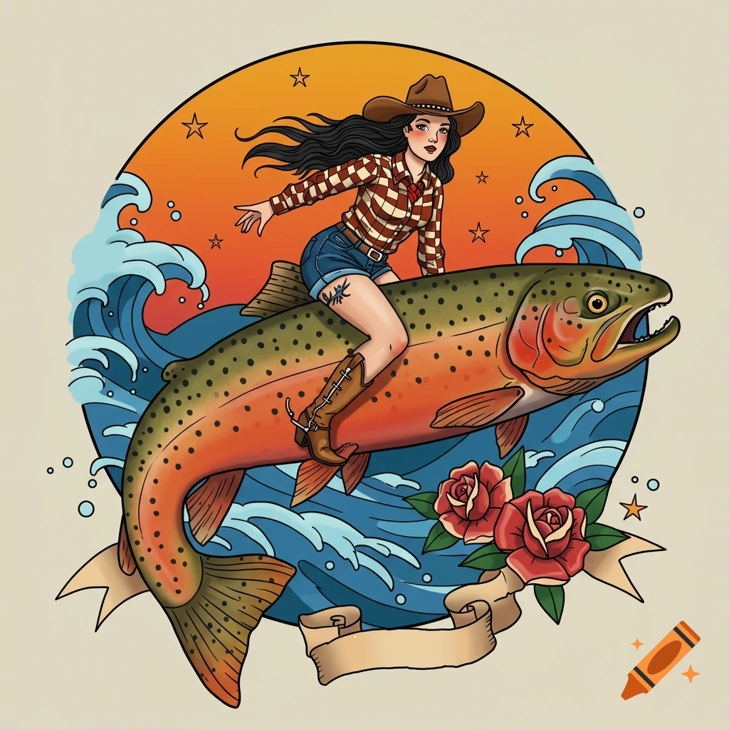 Cowgirl riding a large trout in a traditional Sailor Jerry tattoo style, with waves, stars, and roses.