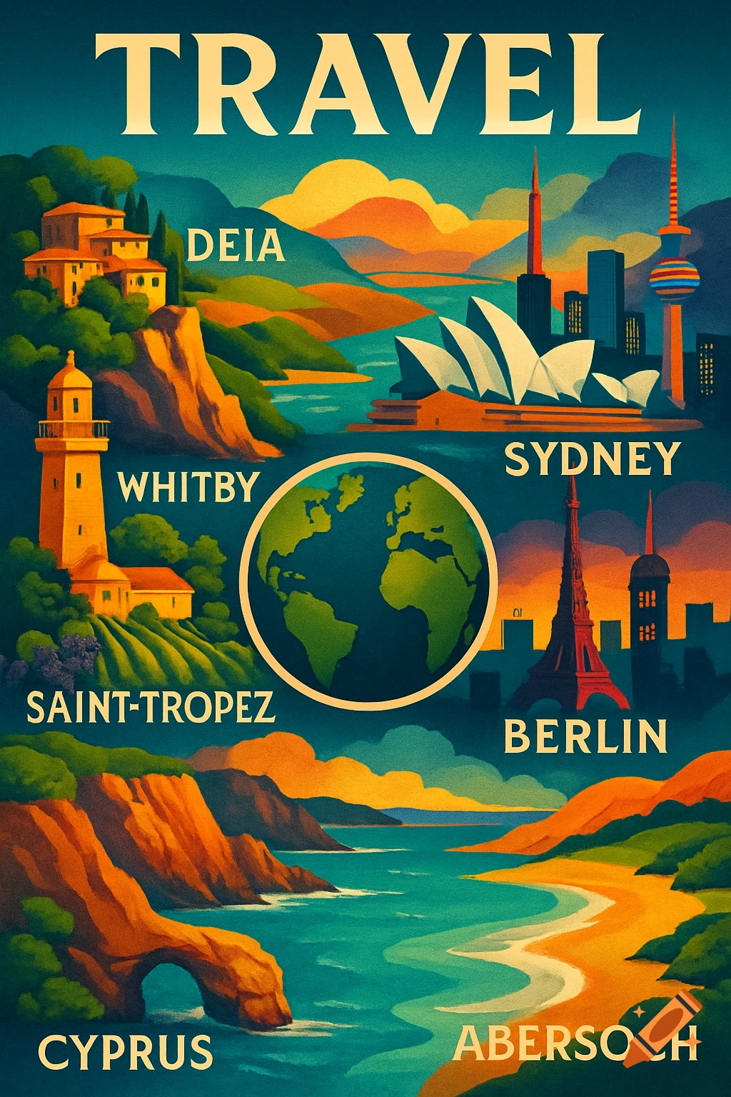 A colorful retro-style travel poster with various famous landmarks and landscapes from around the world, including the Sydney Opera House, the Eiffel Tower, a lighthouse, and coastal scenes. Place names like "Travel", "Deia", "Sydney", "Whitby", "Berlin", "Saint-Tropez", "Cyprus", and "Abersoch" are visible. A globe is at the center.