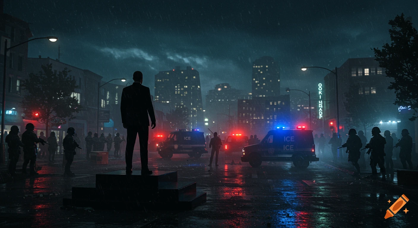 Dystopian cityscape at night with a silhouetted figure on a podium, facing police vehicles and armed troops in the rain.