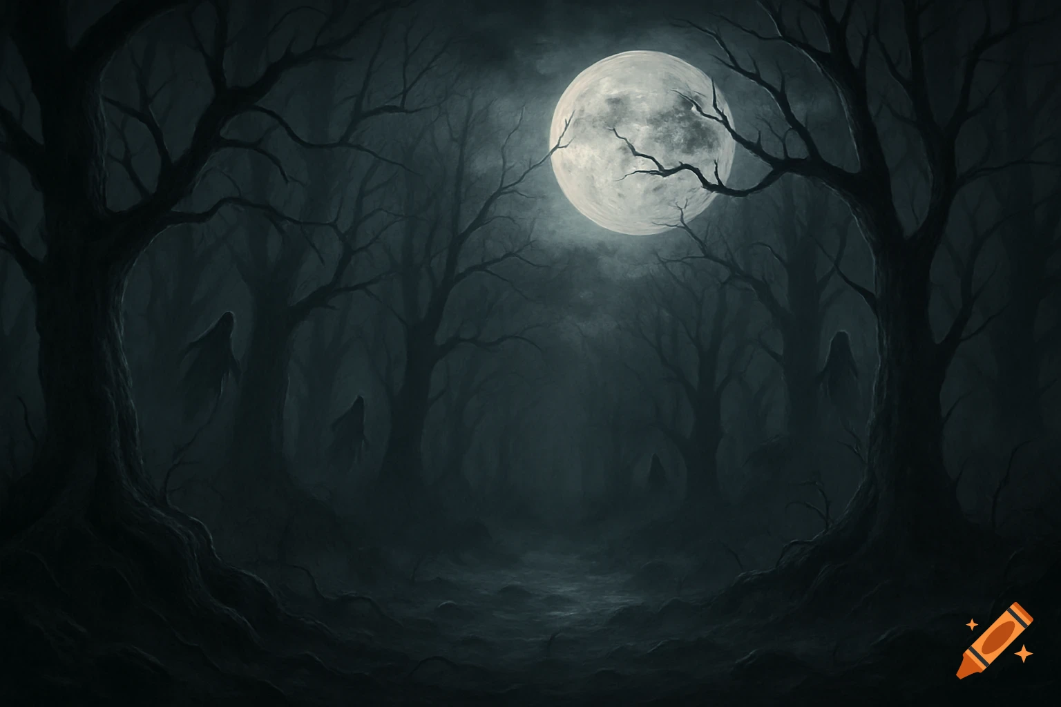 A dark, eerie forest at night with silhouetted bare trees, wispy fog, and a large, bright full moon in the sky.