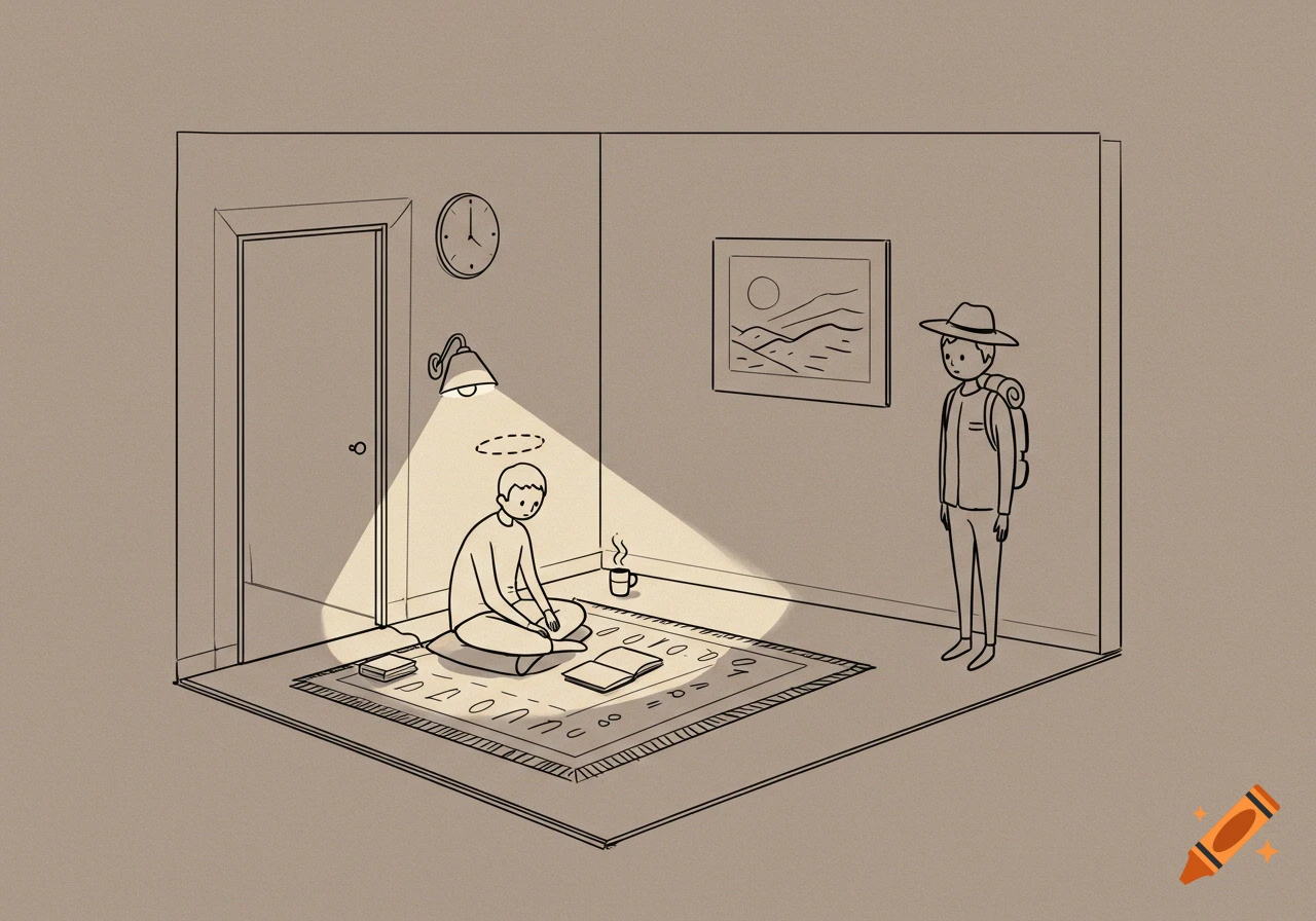 A minimalist line art illustration shows one person sitting on a rug, reading under a lamp, while another person with a backpack stands by a door.