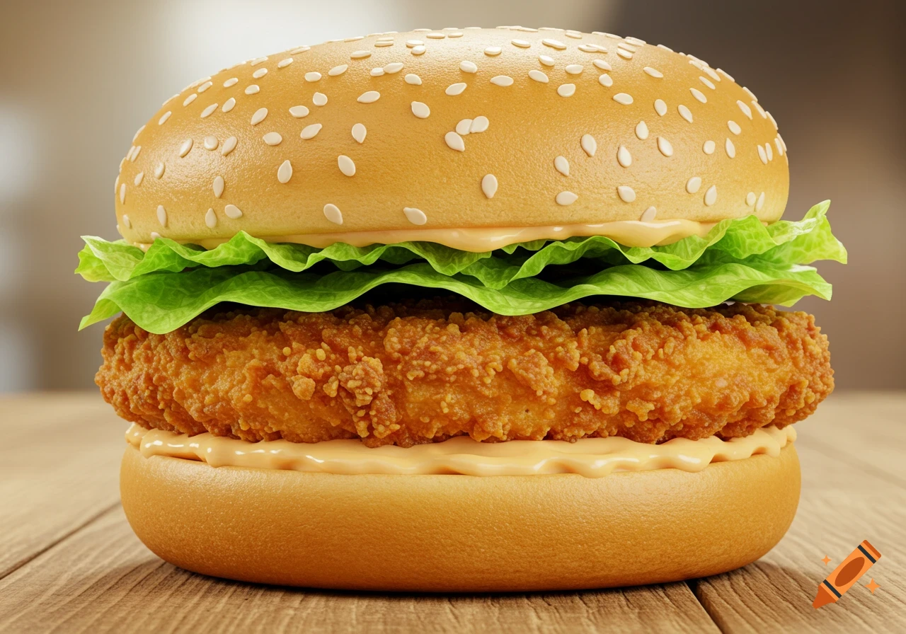 A close-up, photorealistic image of a crispy chicken burger with lettuce, sauce, and sesame seed bun on a wooden table.