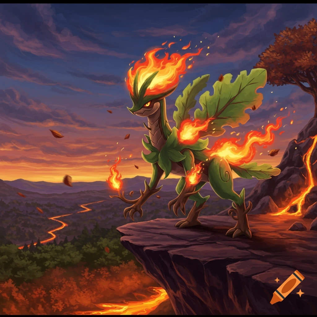 A green, leaf-covered creature with fire on its head, back, and limbs stands on a cliff overlooking a fiery landscape at sunset.