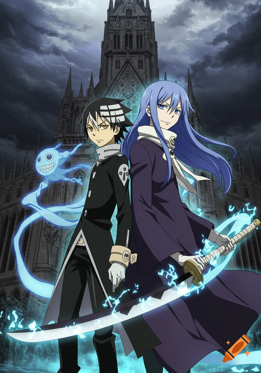 Two anime characters, a boy with black and white hair and a girl with long blue hair holding a glowing katana, stand before a gothic building under a dark sky in a stylized anime illustration.