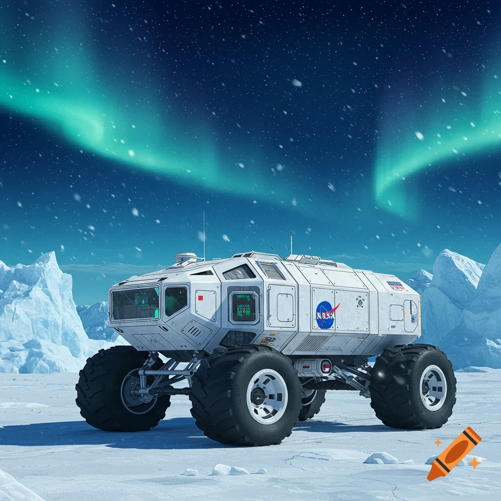 A white, large-wheeled NASA land cruiser sits on a snowy, icy plain under a vibrant green aurora borealis sky.