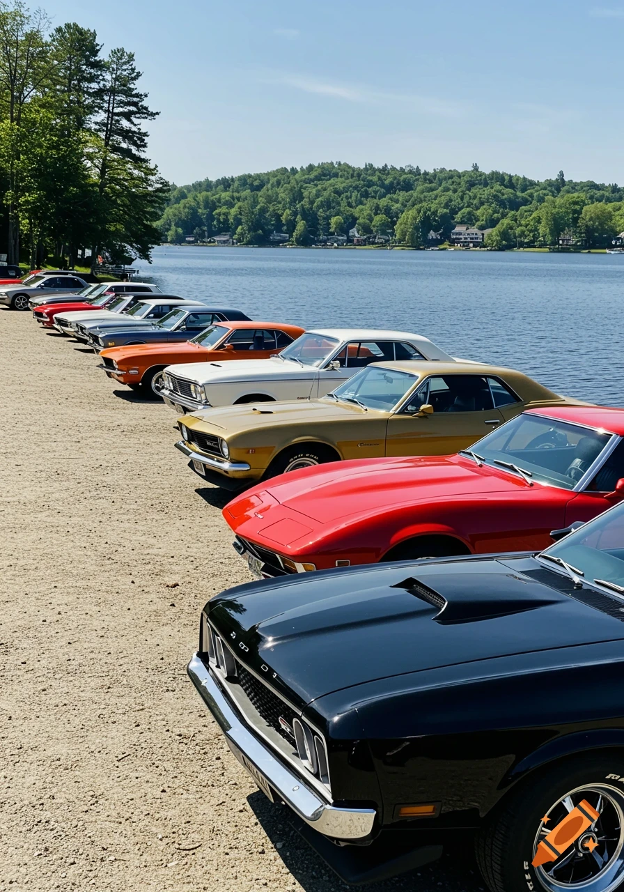 A line of classic American muscle cars, including a black Mustang and red Corvette, parked on a gravel path beside a lake on a sunny day.