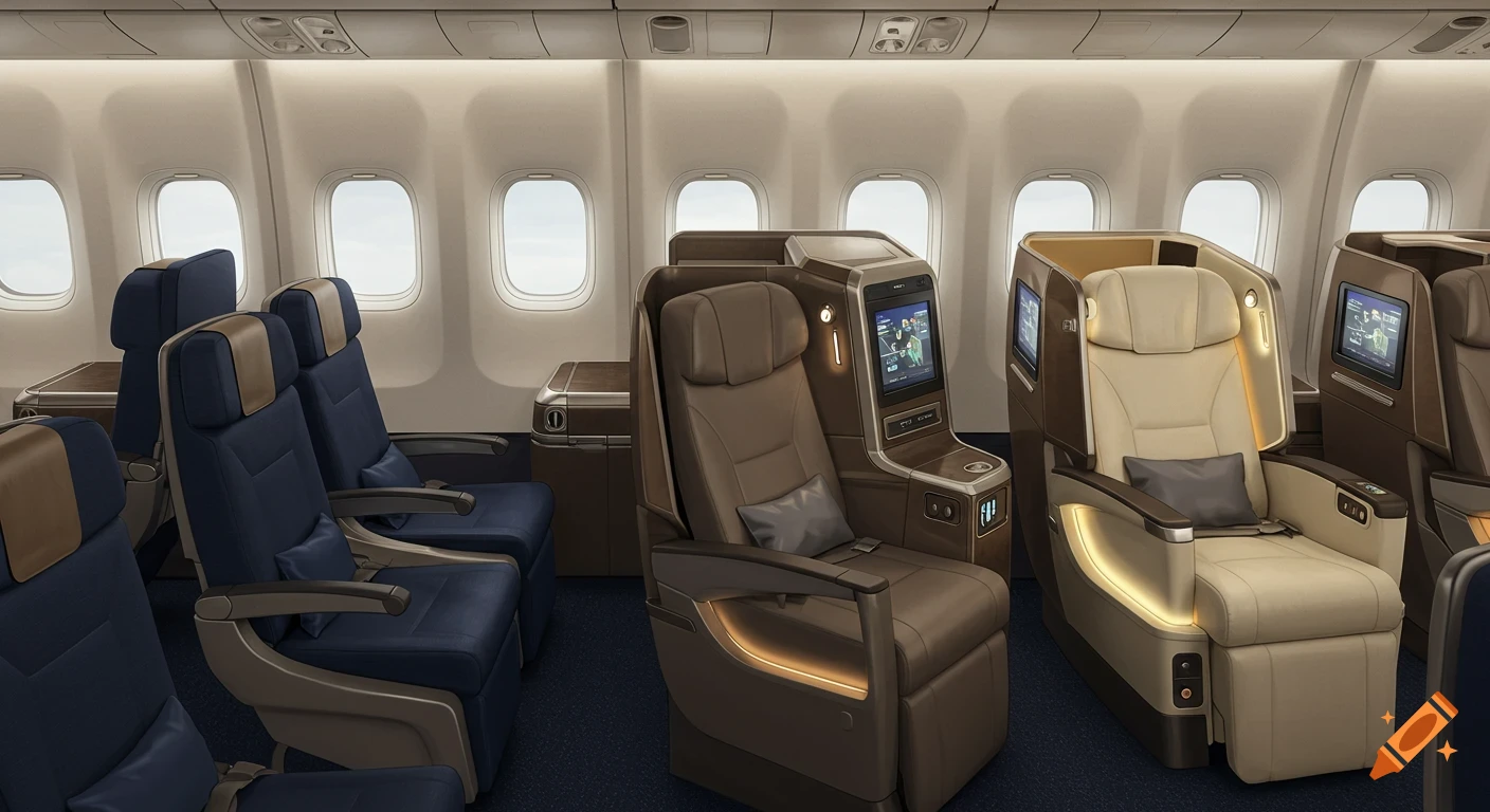 Interior view of an airplane cabin with blue economy seats, brown business class, and cream first-class seating.