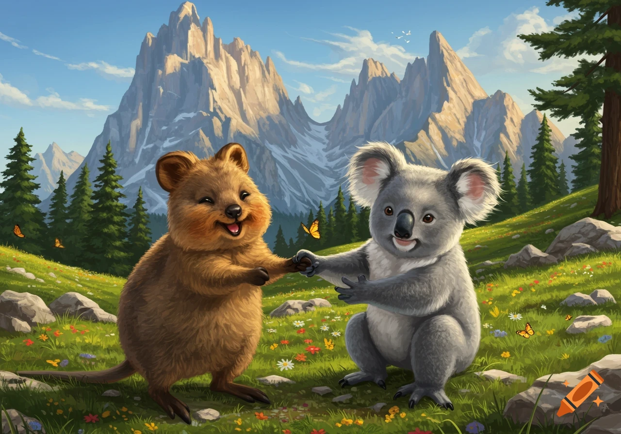 A happy cartoon quokka and koala hold hands in a lush green mountain meadow with wildflowers and pine trees.