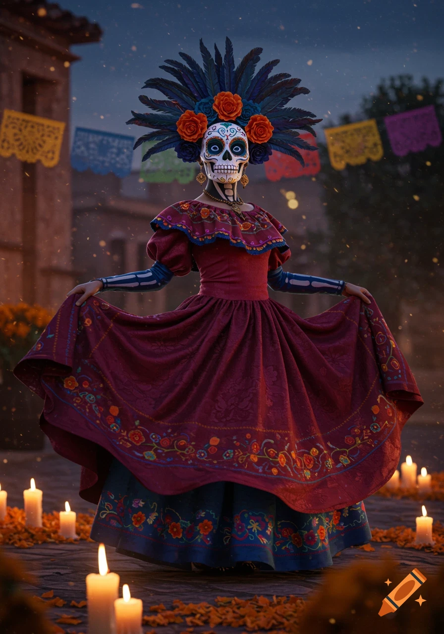 A woman in a vibrant, embroidered Catrina dress and skull mask stands at night surrounded by candles and marigold petals, with colorful banners overhead.