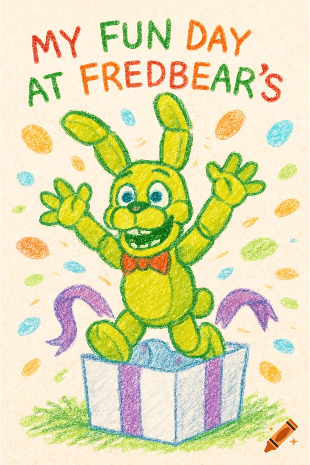 A rough crayon drawing of Spring Bonnie, a yellow bunny character, jumping out of a gift box, with the text 'MY FUN DAY AT FREDBEAR'S' above.