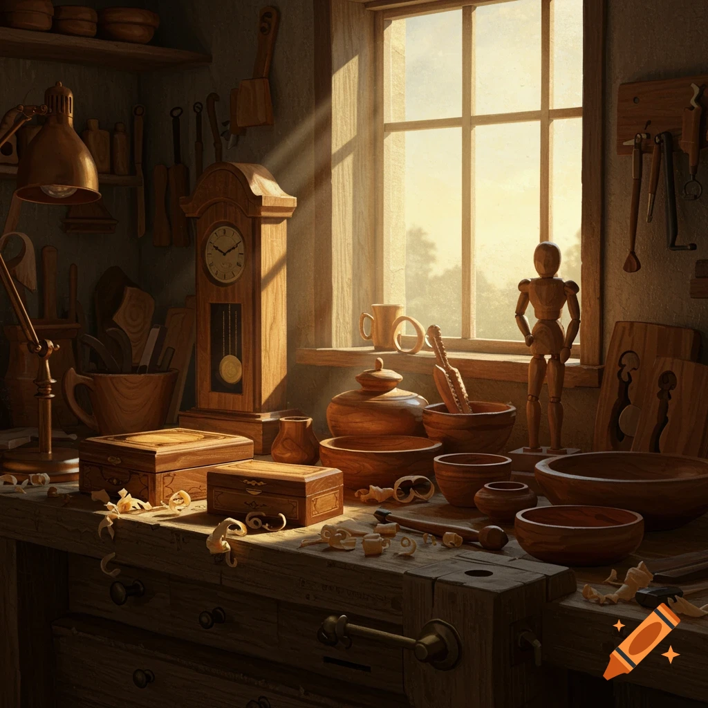 A sunlit woodworker's shop filled with handcrafted wooden items, tools, and a wooden mannequin on a workbench.