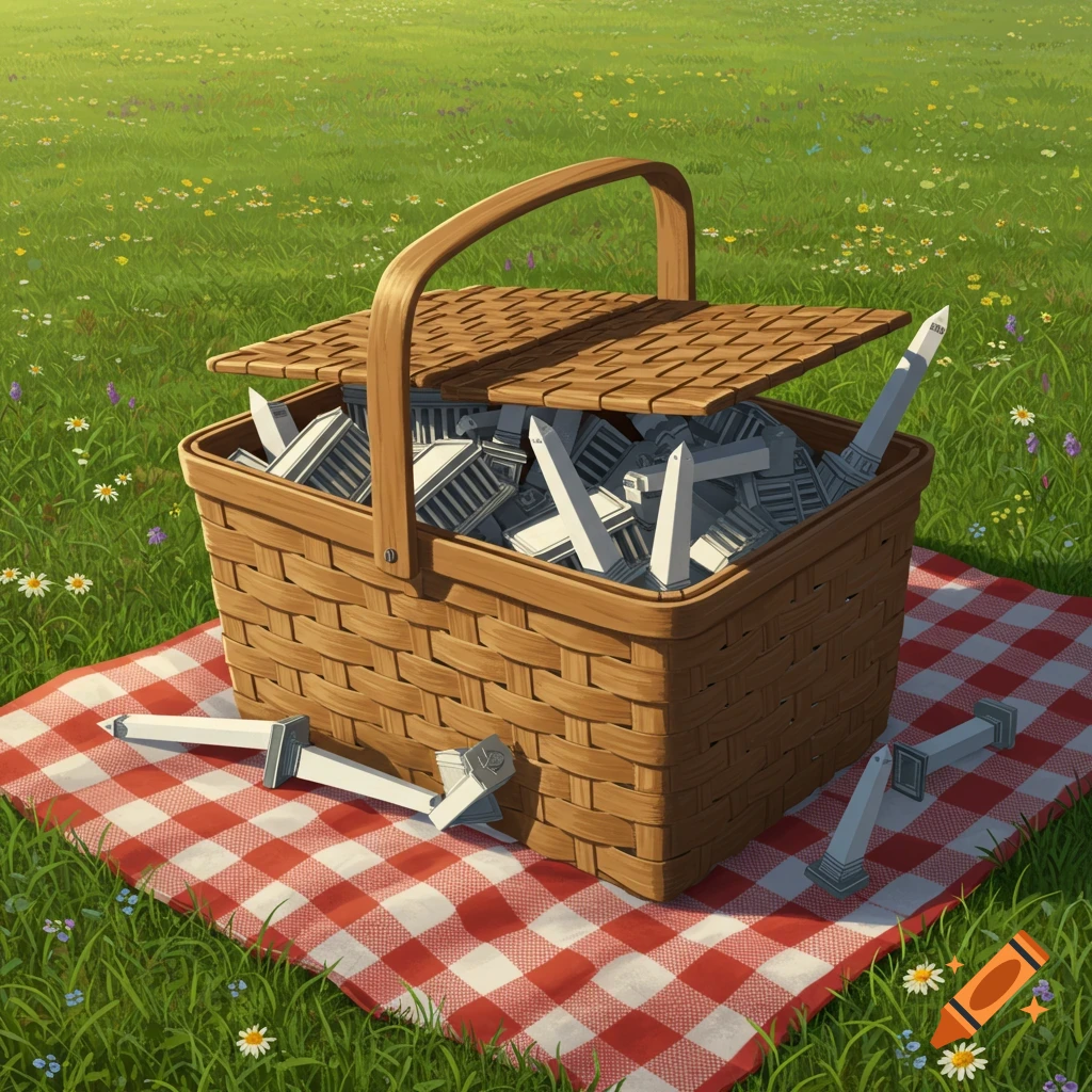 A woven picnic basket filled with numerous miniature Washington Monuments sits on a red and white checkered blanket in a grassy field.