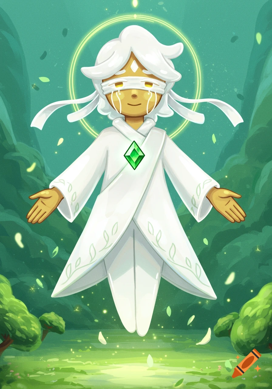 An ethereal character made of pale glaze, wearing a white robe with leaf embroidery and a green sapphire on its chest, floats in a lush green forest with outstretched arms. It has white hair, a blindfold over its eyes, and golden tears.