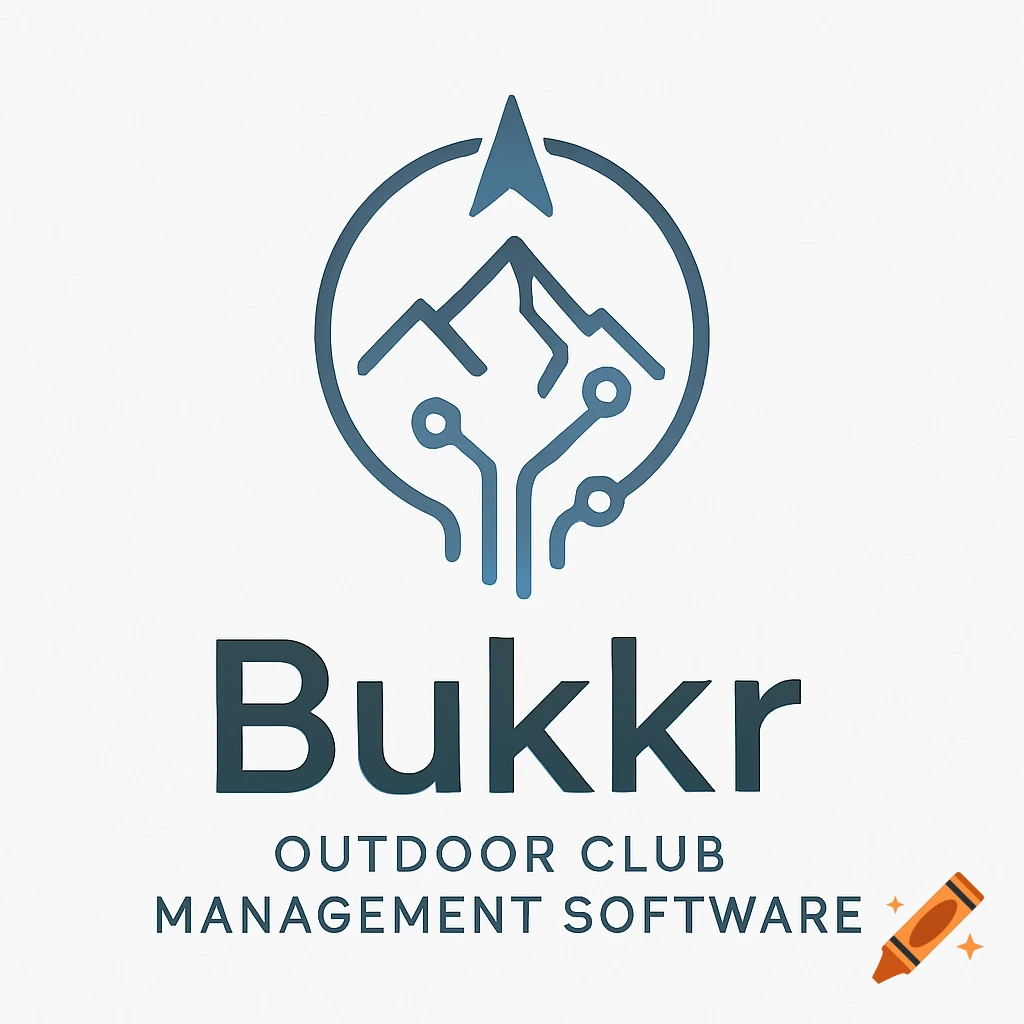 A minimalist blue logo for 'Bukkr Outdoor Club Management Software' featuring mountains, circuit lines, and a compass.