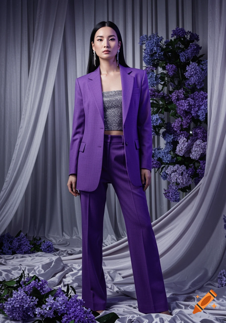 Woman in a vibrant purple suit and sparkling top stands in a studio with lavender drapes and flowers.