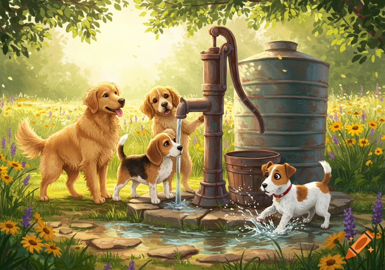 Illustrated scene of four diverse dogs playing around an old water pump in a sunny, flower-filled field.
