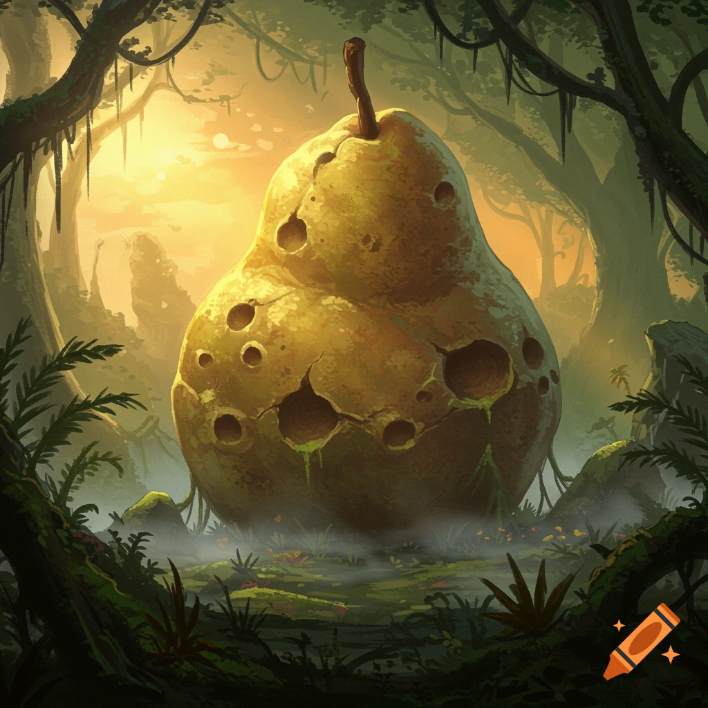 A large, ancient pear with multiple holes and green ooze sits in a misty, overgrown jungle, depicted in a stylized painting.