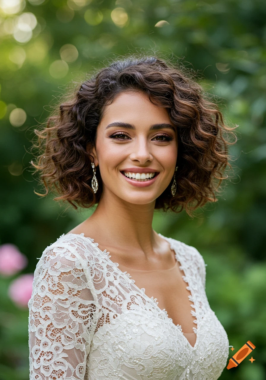 A smiling woman with short curly brown hair wearing a white lace wedding dress in a garden.