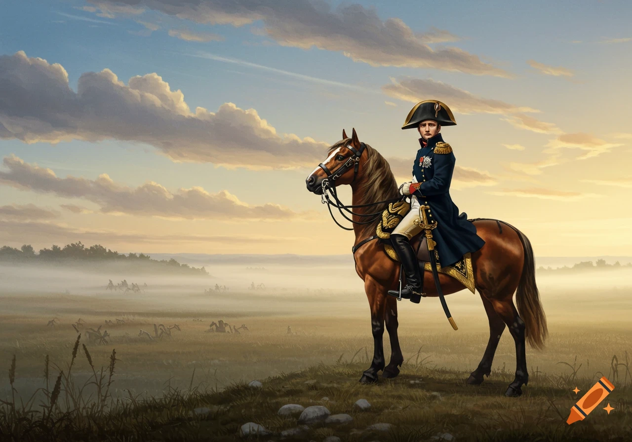 Napoleon Bonaparte on horseback, in uniform, surveying a misty battlefield at sunrise.