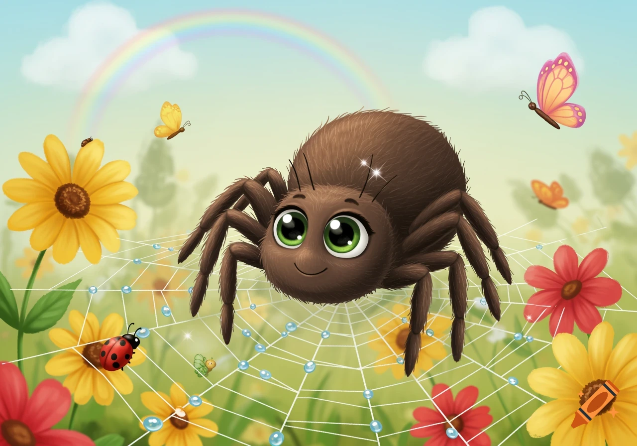 A cute brown cartoon spider with big green eyes smiles on a dew-covered web in a field with colorful flowers and butterflies, under a rainbow.