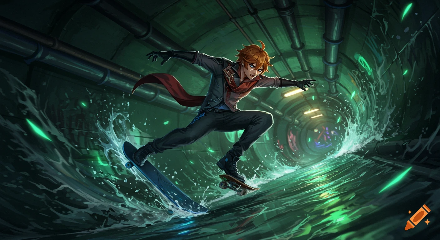 Tartaglia from Genshin Impact on a skateboard, riding a wave of water in a dark, glowing sewer tunnel in an anime style.