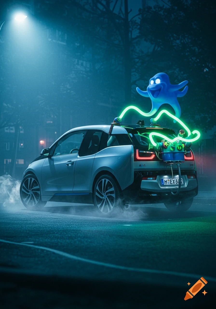 A BMW i3 with a proton pack and a blue cartoon ghost on its roof, glowing green, at night.