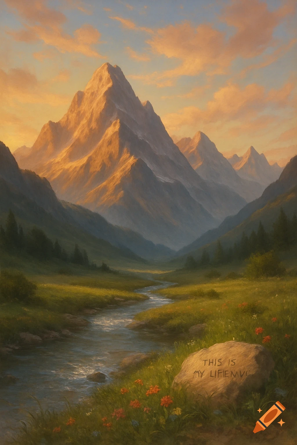 A serene valley with towering mountains under a sunset sky, a winding stream, and wildflowers, with text on a rock.