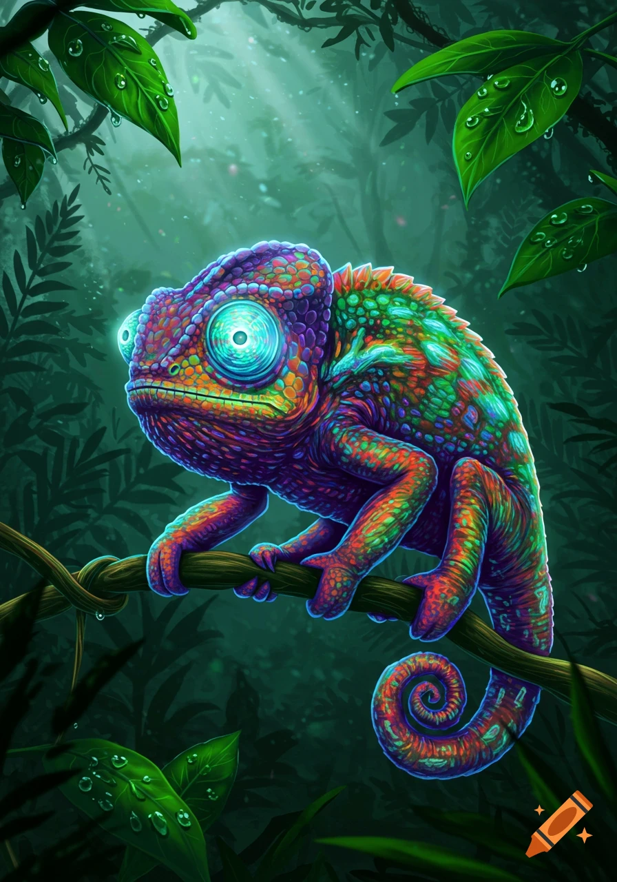 A vibrantly colored chameleon with glowing blue eyes sits on a branch in a lush, green jungle.