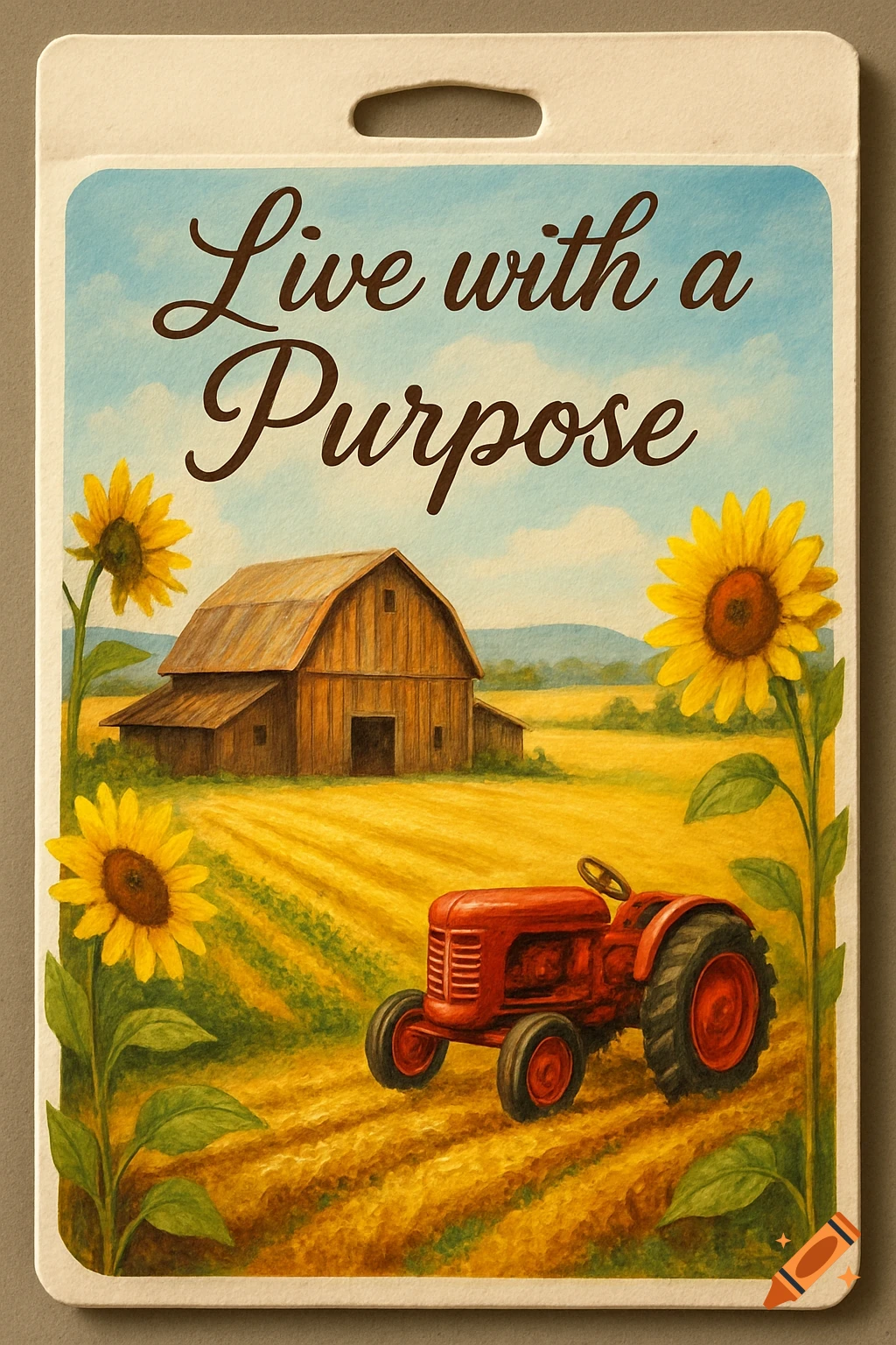 A picturesque painting on a seed packet shows a rustic barn, golden fields, a red tractor, and sunflowers with "Live with a Purpose" text.