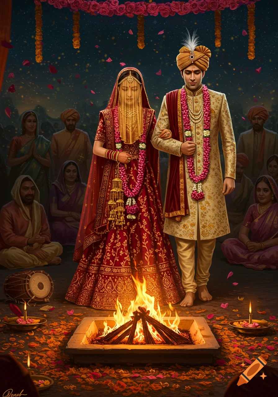 An Indian bride in a red lehenga and a groom in a gold sherwani stand by a sacred fire at a traditional wedding ceremony under a starry sky.