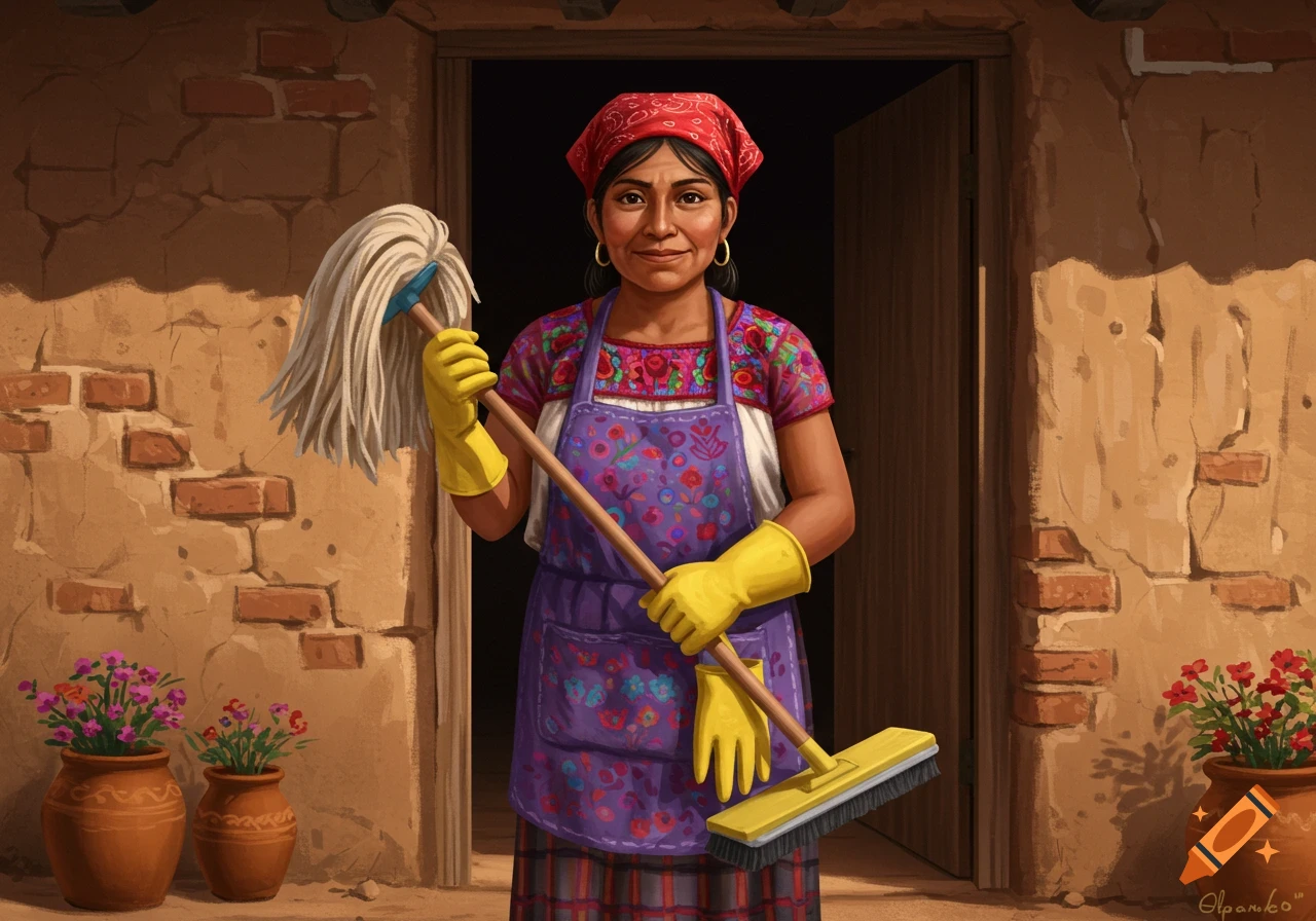 Indigenous Mexican woman with a red bandana, yellow gloves, and a purple apron holding a mop and broom in front of an adobe wall.