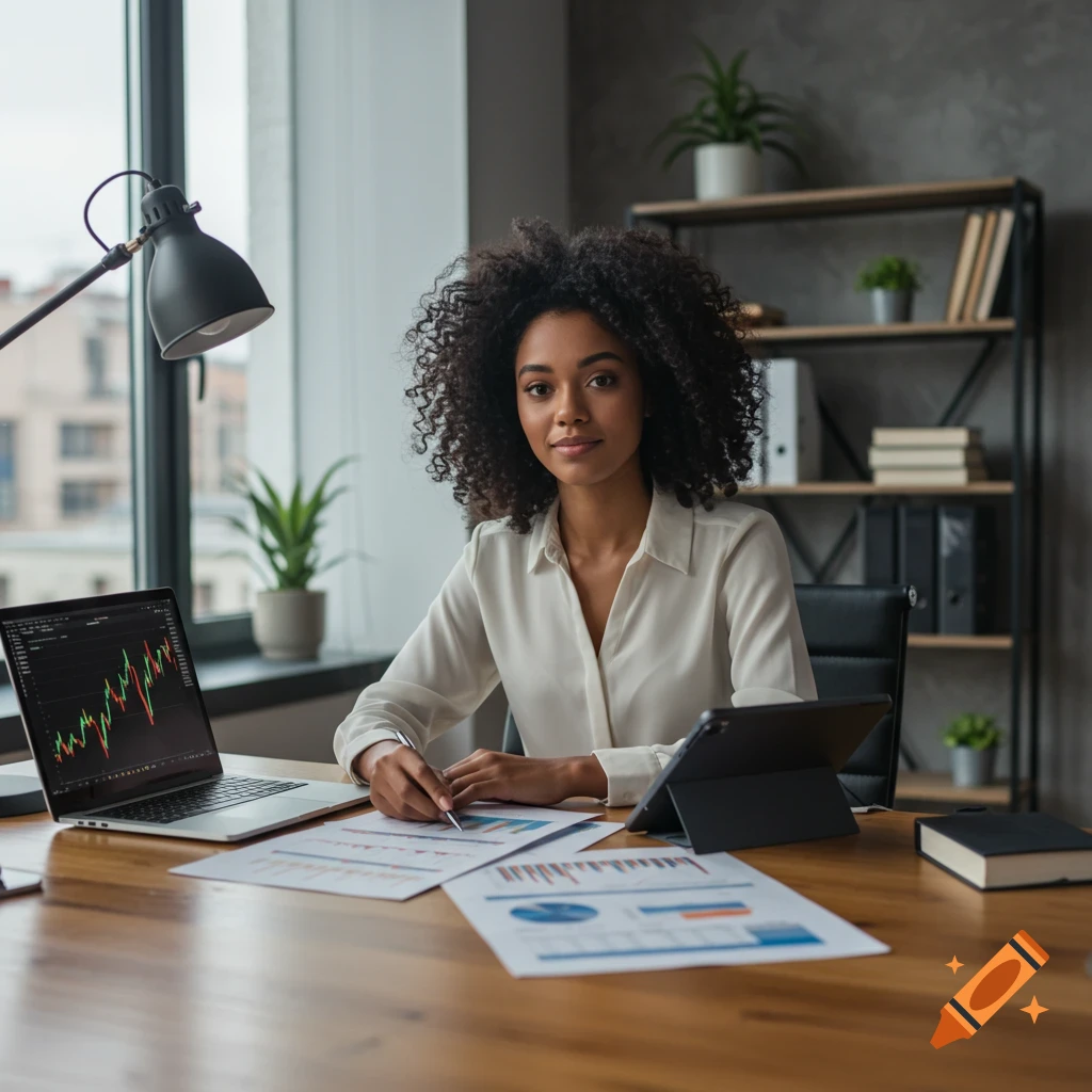 A photorealistic image of a young Black woman with curly hair working on a laptop with financial charts and documents at a desk in an office.