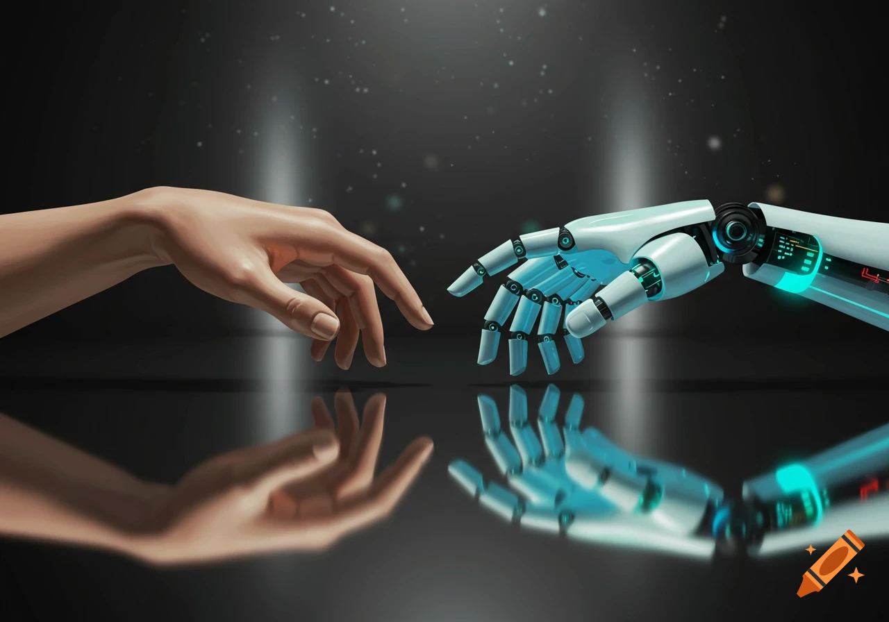A human hand and a robotic hand reaching towards each other, with reflections on a dark, reflective surface.