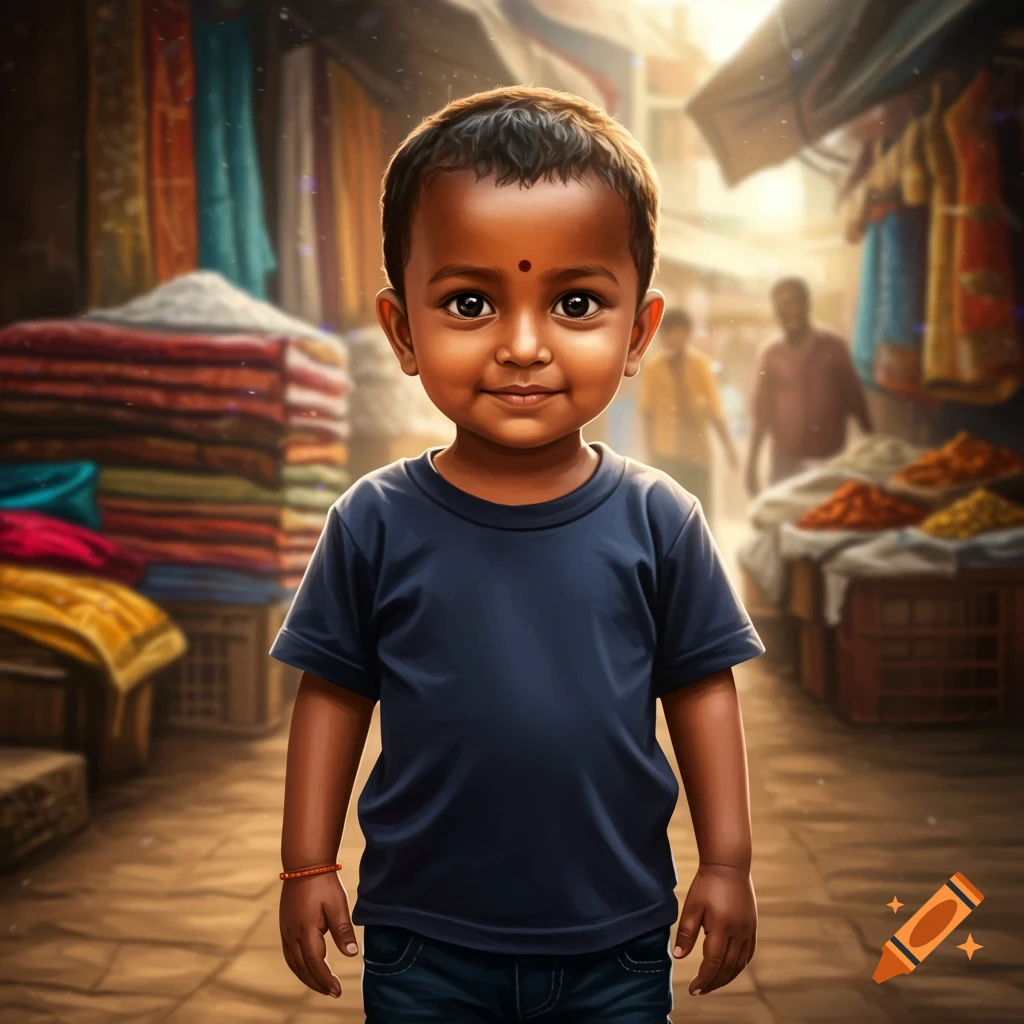 A portrait of a young Indian boy with dark skin, wearing a dark blue t-shirt and jeans, smiling in a bustling market.