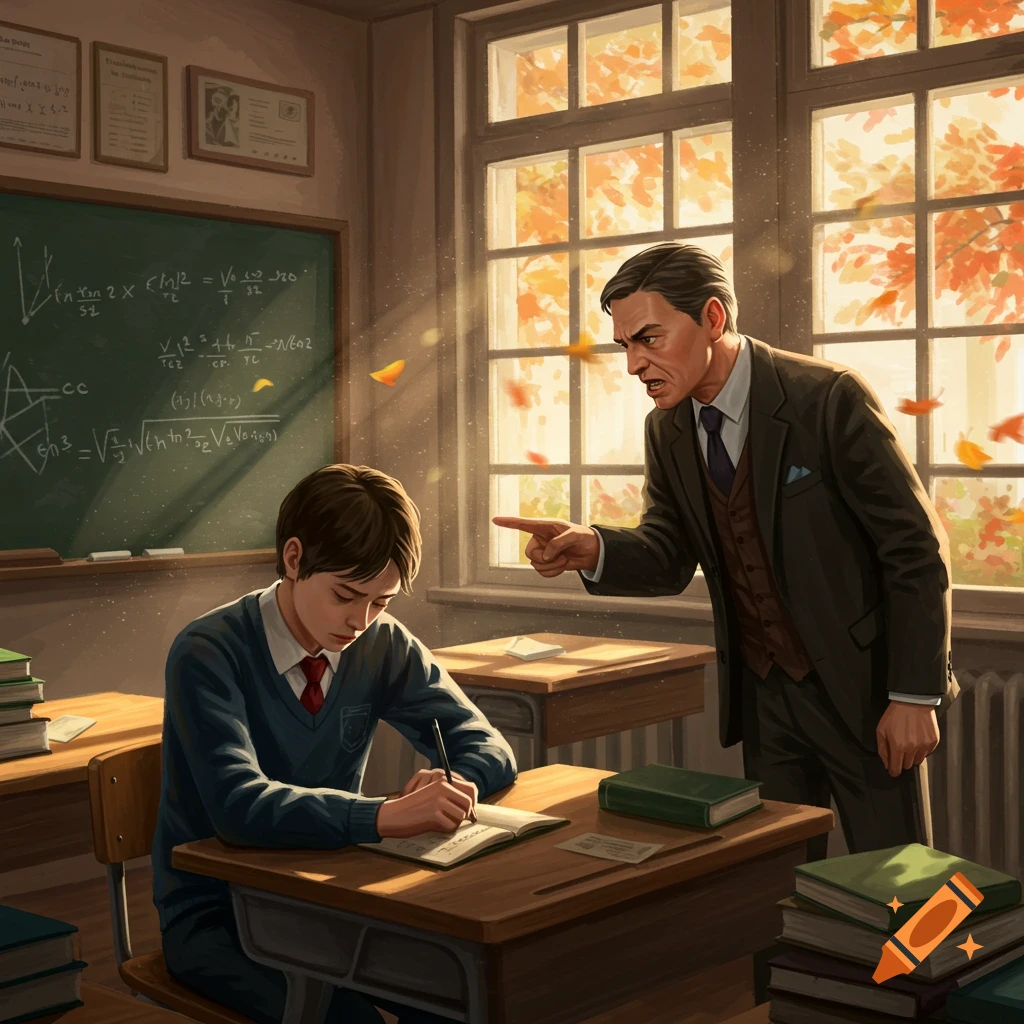 A stern teacher in a suit scolds a young student diligently writing at his desk in a sunlit classroom, with autumn leaves visible outside the window.