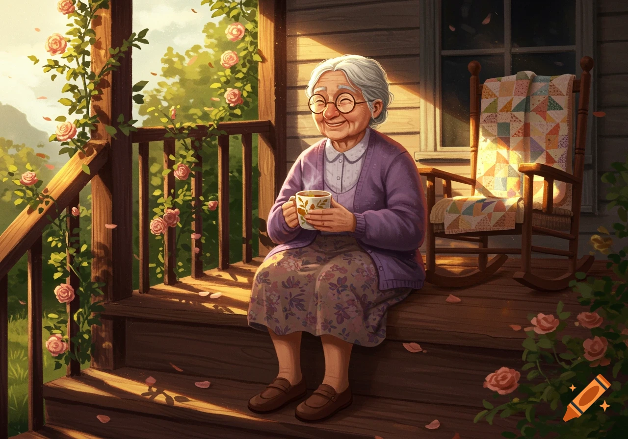 An elderly woman with white hair and glasses smiles, holding a teacup on a sunny wooden porch with climbing roses and a quilt on a rocking chair.