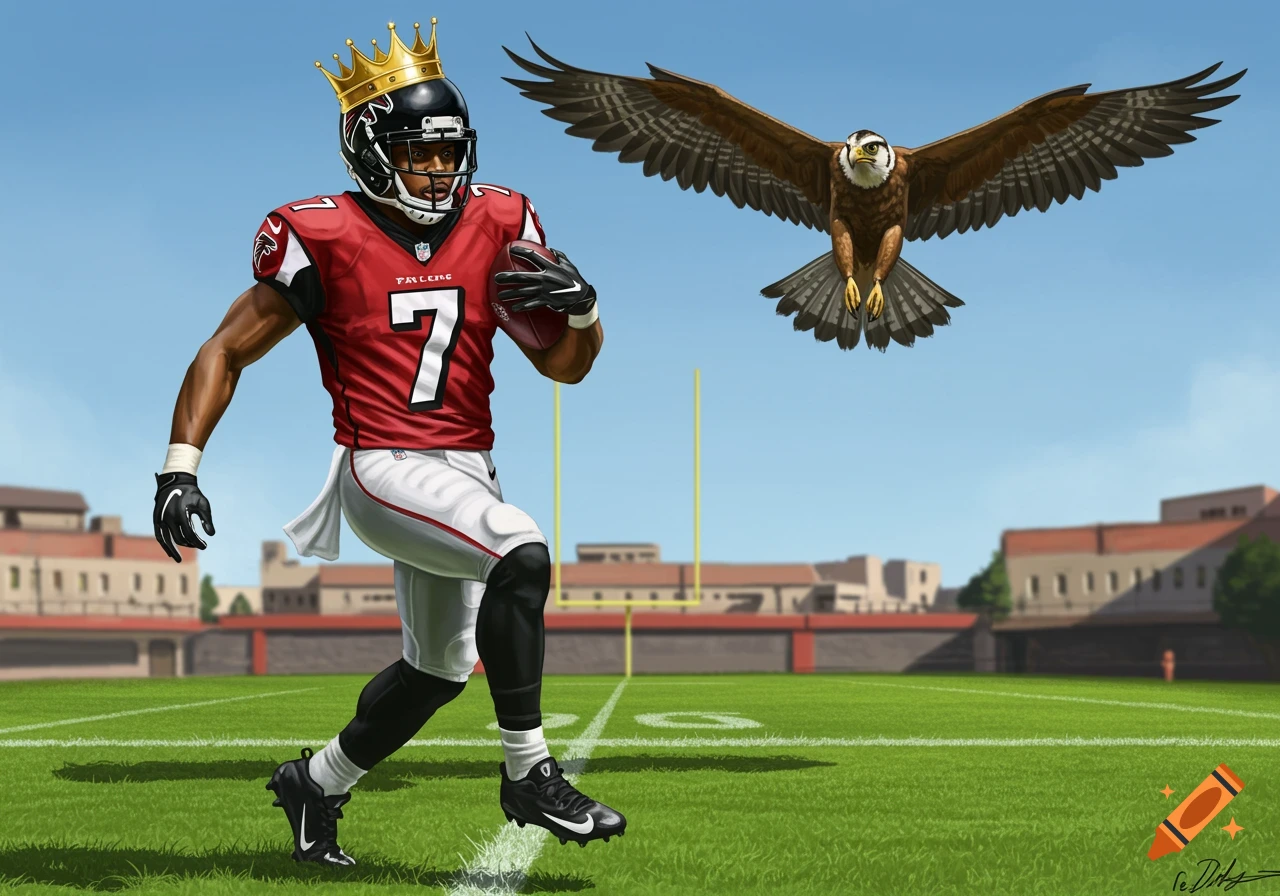 A football player in a red jersey with a crown on his helmet and the number 7, running on a green field with a large eagle flying behind him.