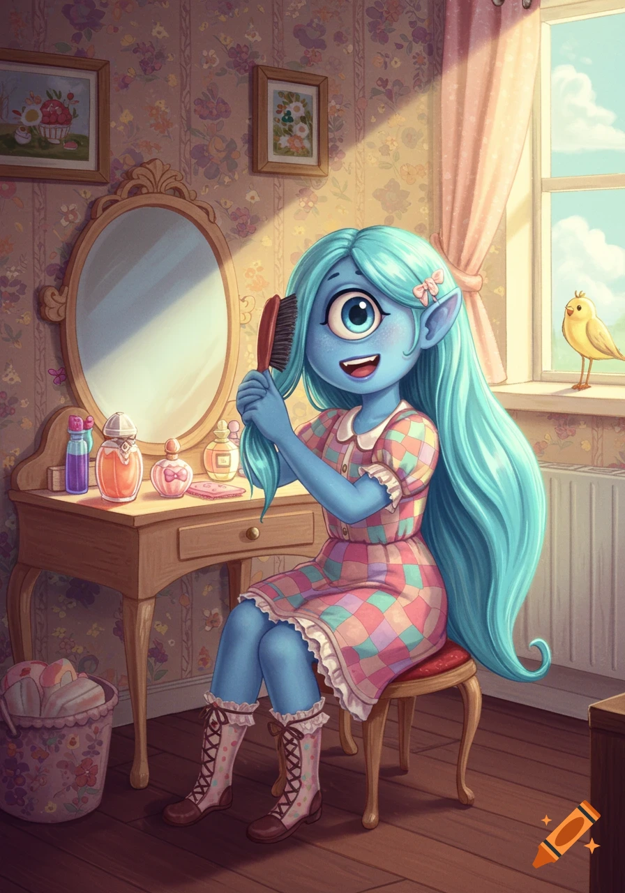 A blue, one-eyed cartoon character with long turquoise hair brushes her hair at a wooden vanity in a sunny room.