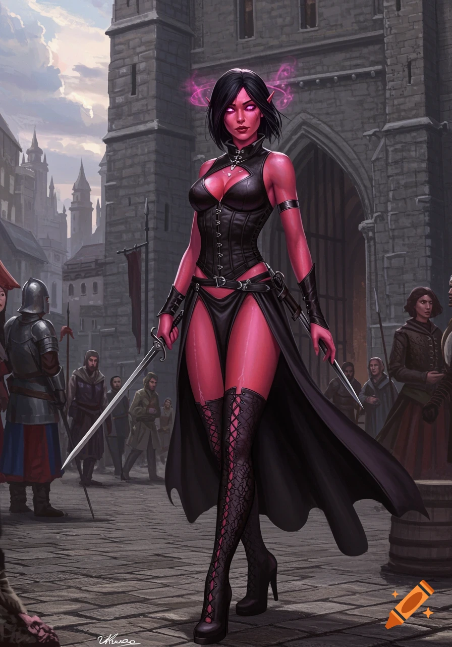 A striking red-skinned female elf in black leather stands with a sword and dagger outside a medieval city gate.
