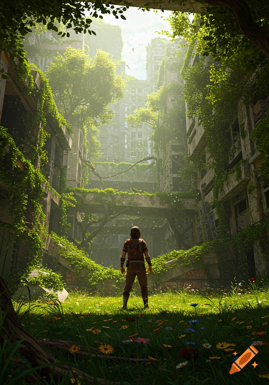A lone figure stands in a lush, overgrown abandoned city with buildings covered in green vines and trees, illuminated by bright sunlight.