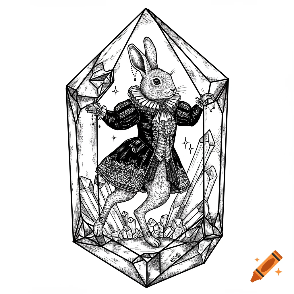 Black and white line art of a gothic rabbit inside a crystal.