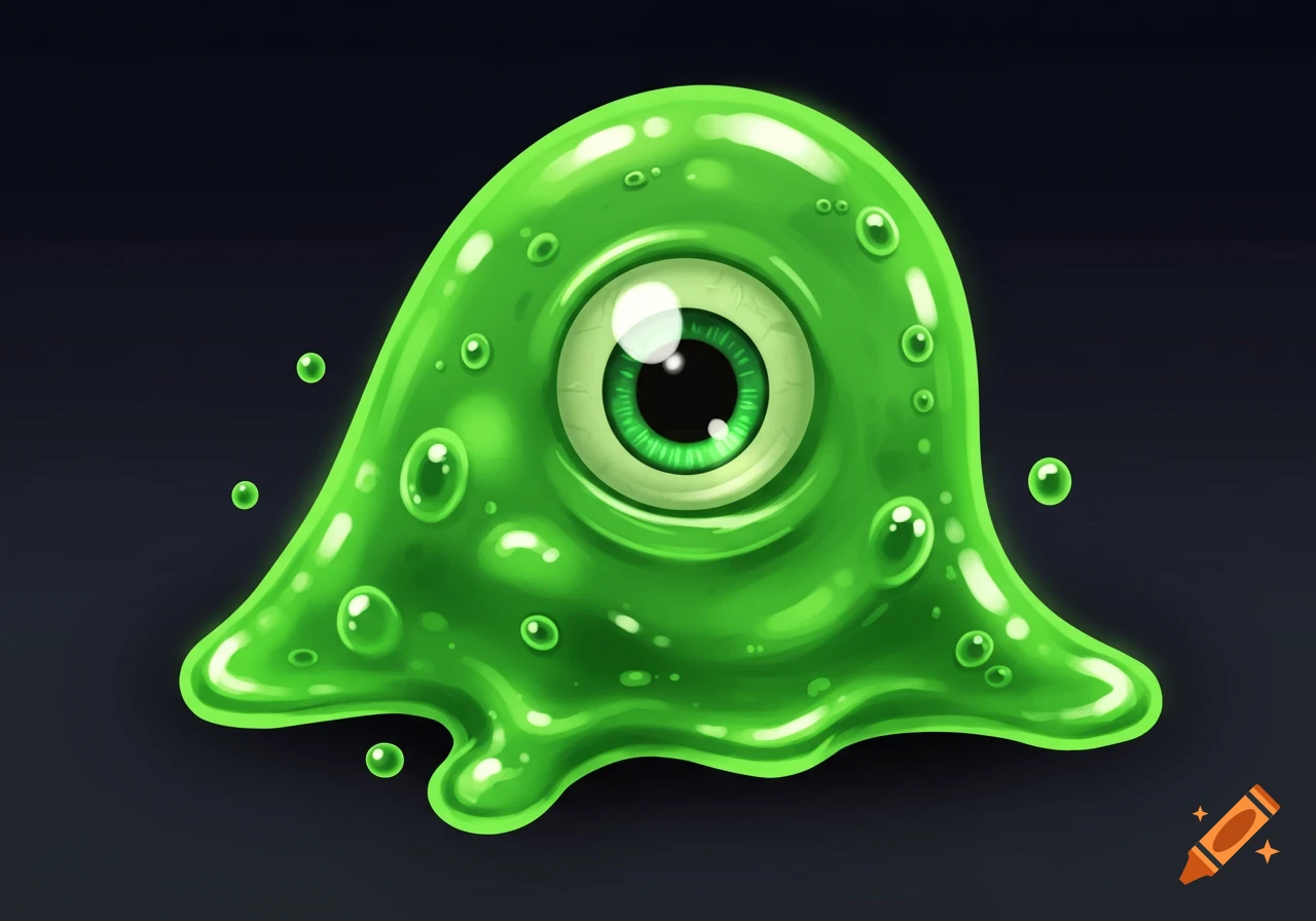A cartoonish green slime monster with a single large eye, against a dark background.