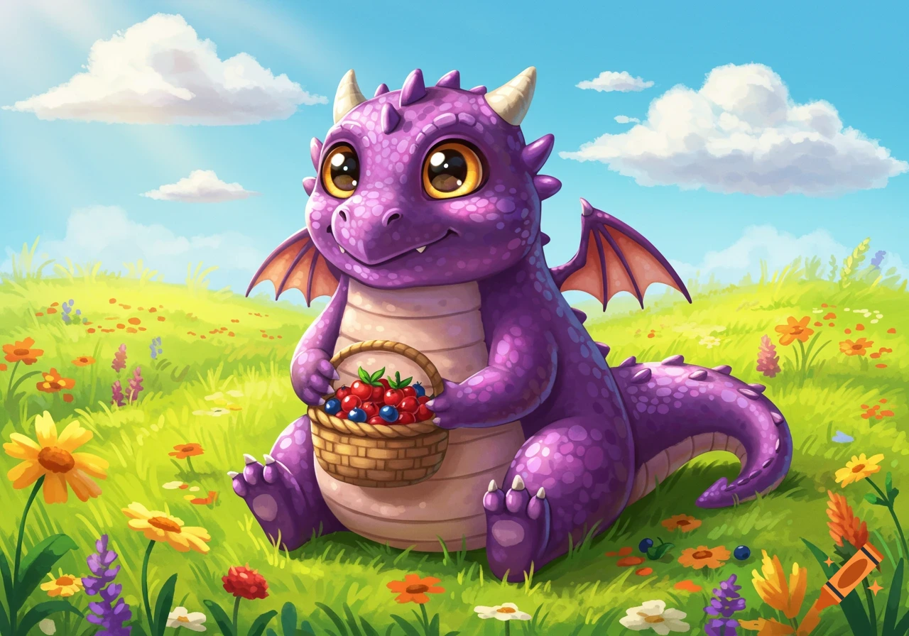 A cute, chubby purple dragon with large golden eyes holds a basket of berries while sitting in a sunny meadow filled with colorful flowers. Cartoon style.