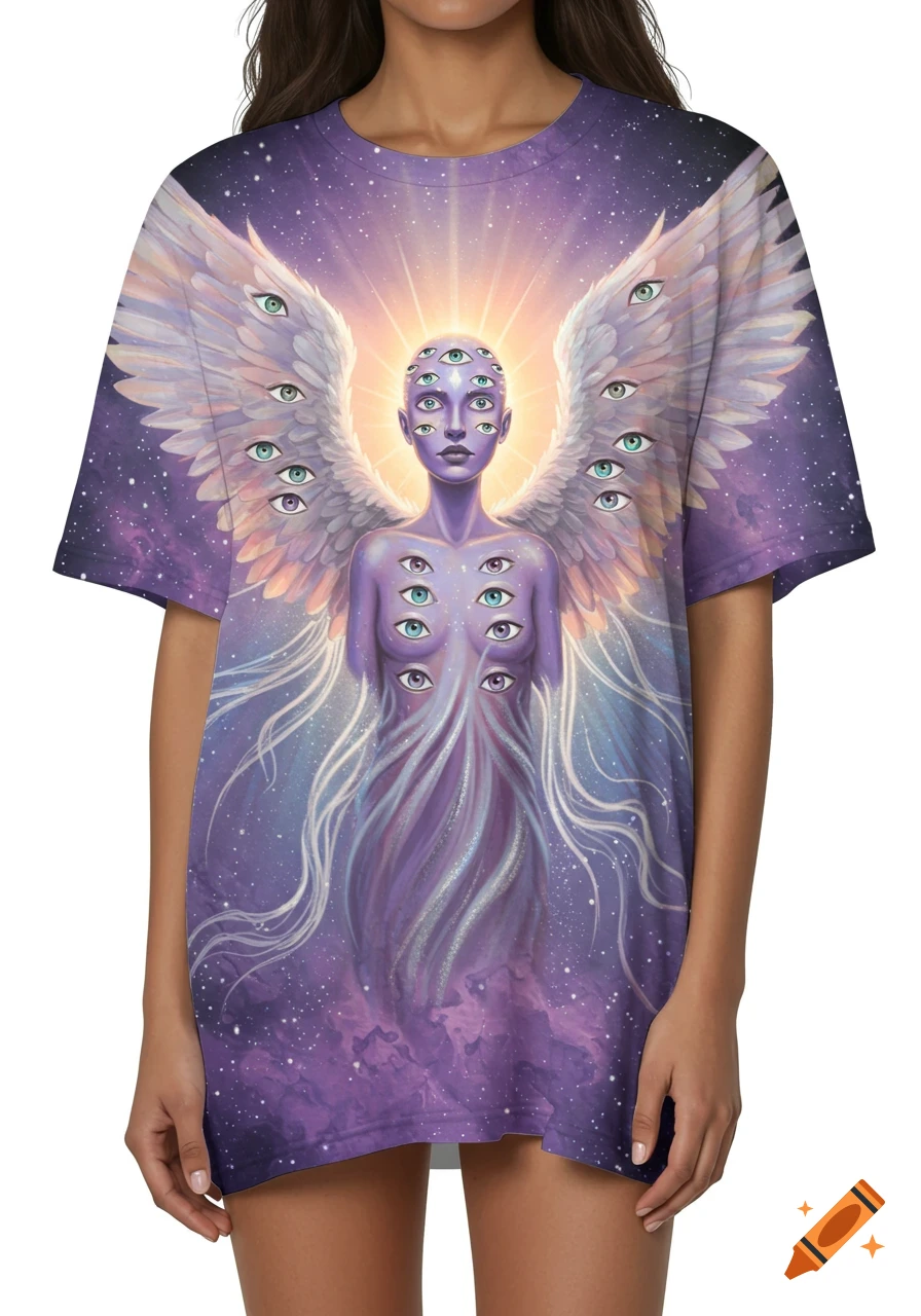 A person wears an oversized t-shirt with a purple, many-eyed winged mystical figure glowing against a cosmic background.