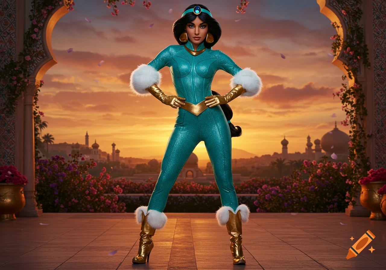 Photorealistic Princess Jasmine in a tight cyan athletic suit with gold boots and gloves, standing on a palace balcony at sunset.