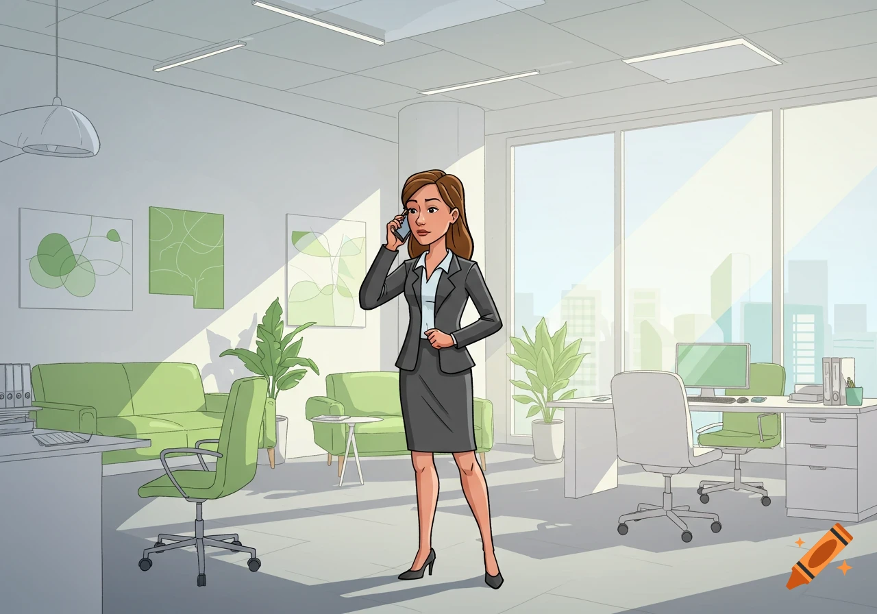 A cartoon business woman in a suit stands in a modern office, talking on a cell phone.