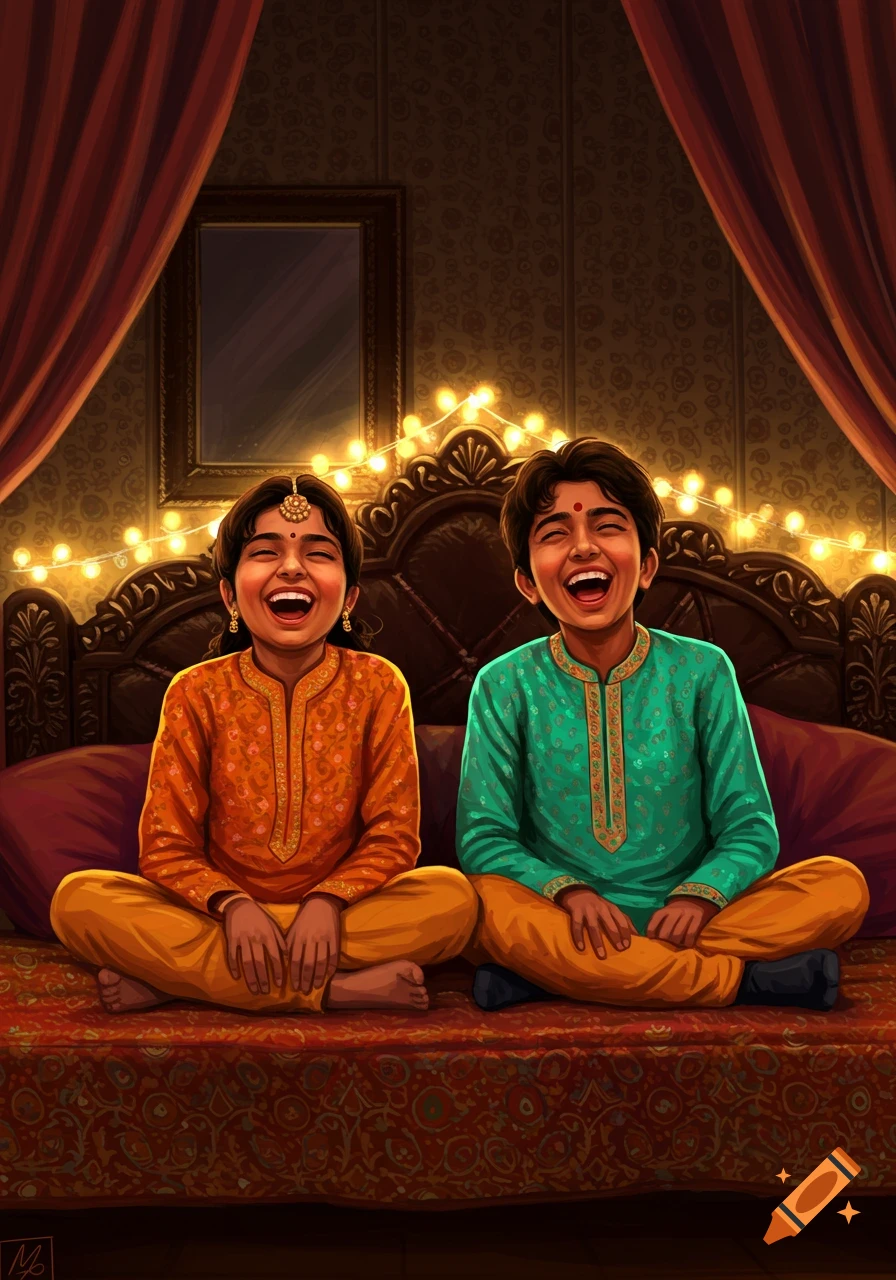 Two Indian children in traditional clothing sit on a bed adorned with string lights, laughing cheerfully.