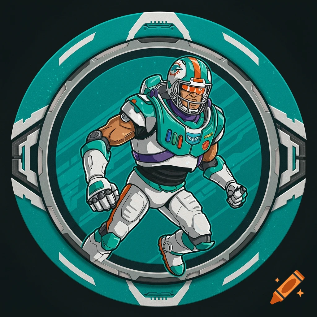 A round logo features a football player wearing a teal, orange, and white suit reminiscent of Buzz Lightyear, with a Dolphins logo on the helmet, set against a futuristic teal background.