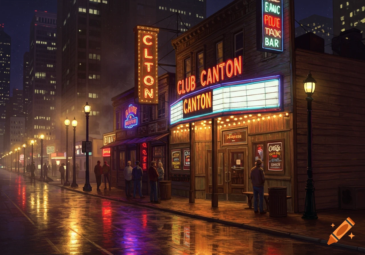 A rainy city street at night with neon-lit buildings, including a Club Canton, and people walking on the wet pavement, reflecting the lights.